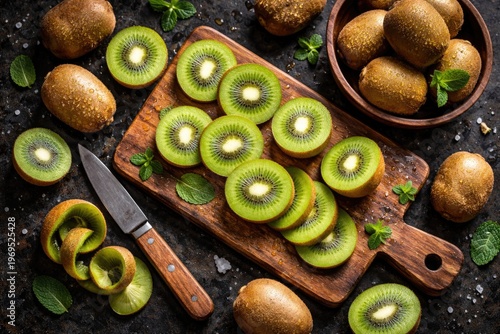 Fresh kiwifruits arranged on a dark kitchen countertop top view