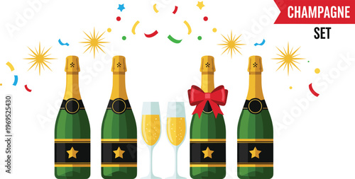 Champagne Set with Sparkling Bottles, Glasses, and Festive Confetti for Celebration, Party, and Event Designs