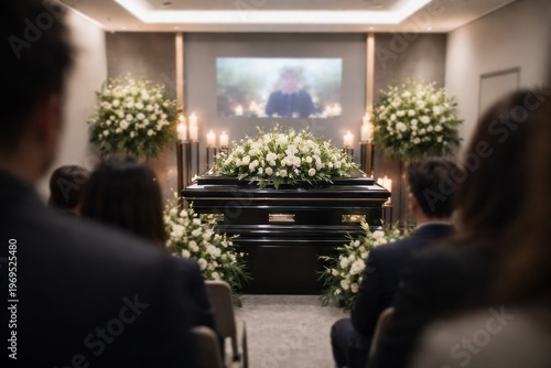 Virtual Memorial Service. Online Funeral With Remote Guests. Remote Participation In Funeral Service Shown On Screens With Floral Arrangements And Subdued Lighting