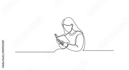 Minimalist continuous line drawing of a woman reading a book, elegant and simple illustration
