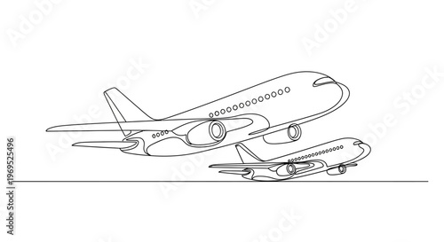 Two airplanes flying in the sky, one above the other, in a continuous line drawing style.