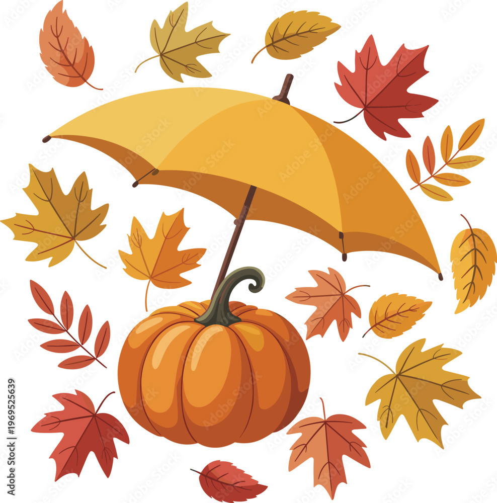 Naklejka premium Autumn vibe design with yellow umbrella pumpkin and leaf isolated cozy rainy weather seasonal mood vector on white background.