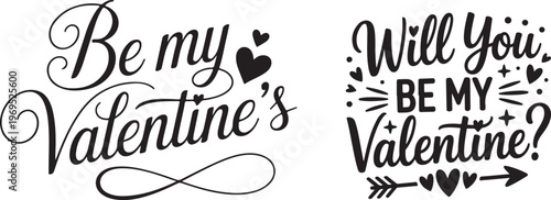 Valentine's day calligraphy set with be my valentine and will you be my valentine phrases featuring heart icons and arrow detail.