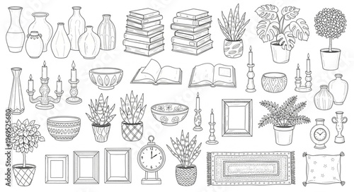 Collection of Hand-Drawn Decorative Objects and Plants.