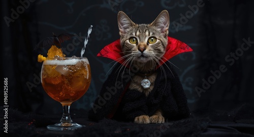 Vampire cat celebrating Hal...