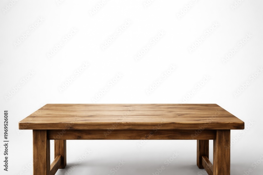 Fototapeta premium Wooden table illustration on a smooth white backdrop with ample copy space
