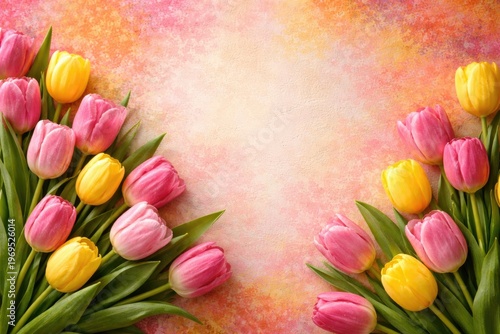Bright tulips in pink and yellow shades on a vibrant textured background with copy space