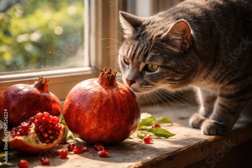 Curious gray cat sniffing a...