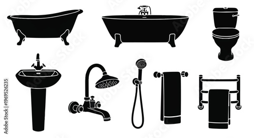 Bathroom fixtures and plumbing elements in silhouette style.