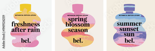 Three lotion bottles with colorful abstract watercolor backgrounds and evocative text for advertising.