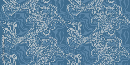 Abstract seamless texture background with blue organic wavy lines pattern in a fluid art style visual effect illustration.