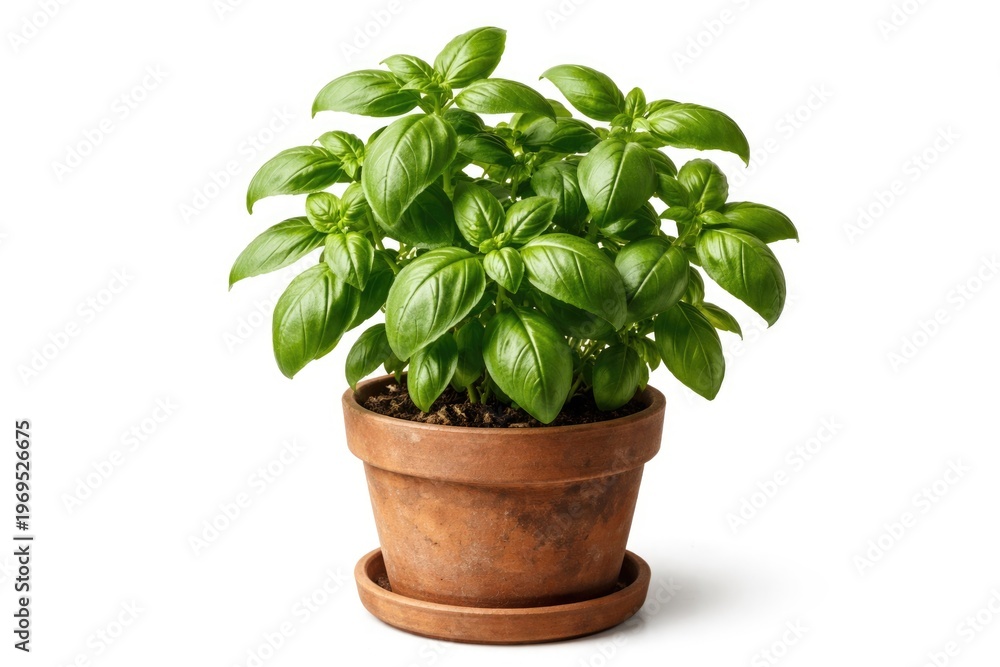 Obraz premium Fresh Basil Plant Growing in Clay Pot Isolated on White Background