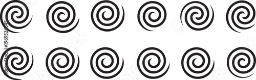 Abstract black spiral line collection with rotating motion effect for psychedelic patterns and hypnotic visual art elements.