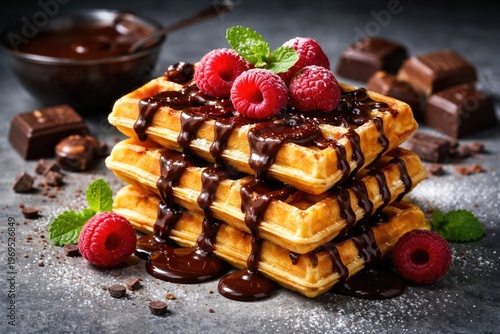 Tasty golden waffles drizzl...