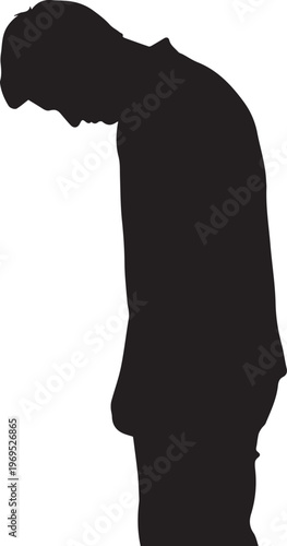 Silhouette of a person bows their head in a posture suggesting sadness, contemplation, or introspection against a stark white background.