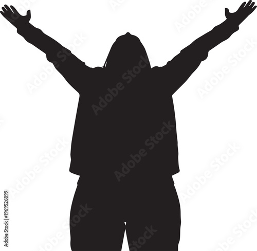 Silhouette of a person stands with arms raised high in a triumphant or celebratory gesture against a clean white background.