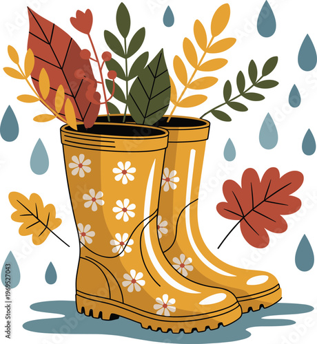 Yellow rubber boots with floral pattern autumn leaves and raindrops vector on white background.