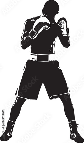 Boxer silhouette stands in a fighting stance with gloved hands raised, ready for combat on white.
