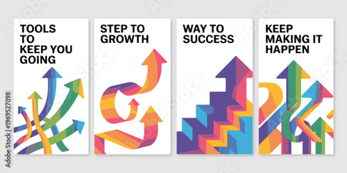 Business growth banners with colorful arrows pointing up for success motivation and achievement stories on clean white background.