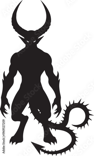 Demonic creature silhouette with sharp horns, spiky tail, and menacing stance, representing evil, fantasy, or a supernatural threat.