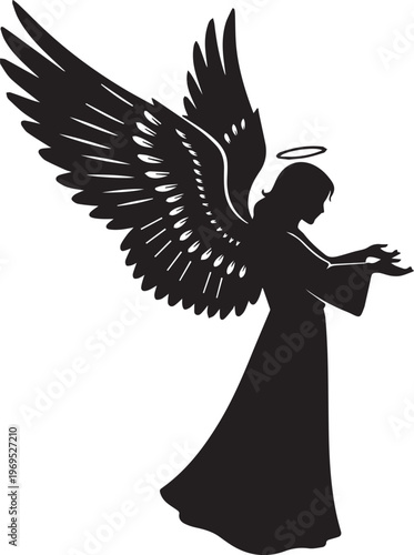 Angel with outstretched hands and a halo hovers with large wings spread wide in a symbolic silhouette.