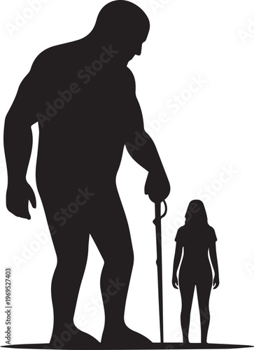 A very tall figure with a cane stands looking down at a much smaller figure, emphasizing scale difference.