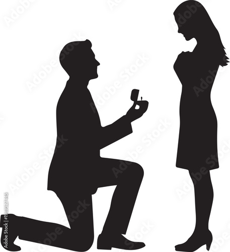 A man kneels and proposes marriage to a surprised woman, presenting a ring in a silhouette against a white background.