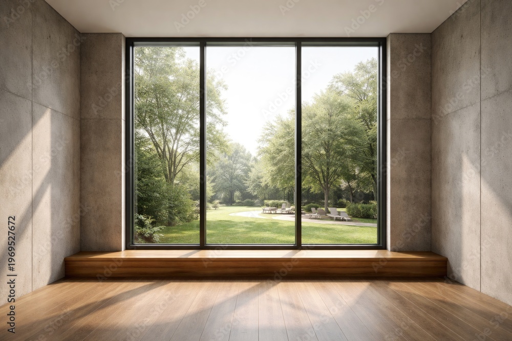 Fototapeta premium Modern large window with wooden sill to floor against concrete wall for UI backdrop