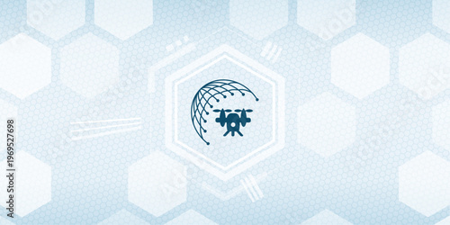 Global drone technology network concept icon vector illustration with world map and hexagon background