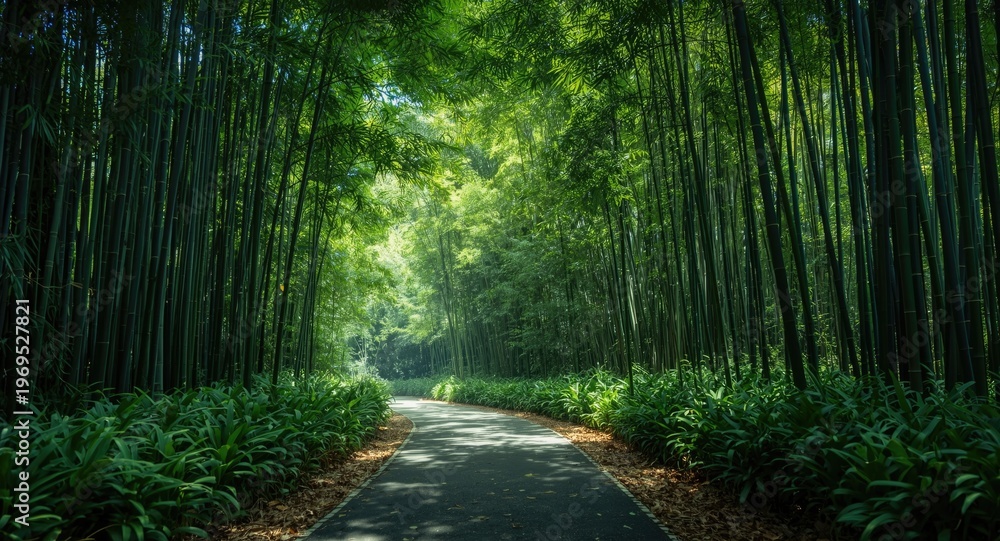 Obraz premium Underneath a lush bamboo canopy with dappled light
