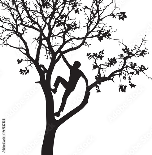 Silhouette of a person climbing a large tree with bare branches, reaching for higher limbs.