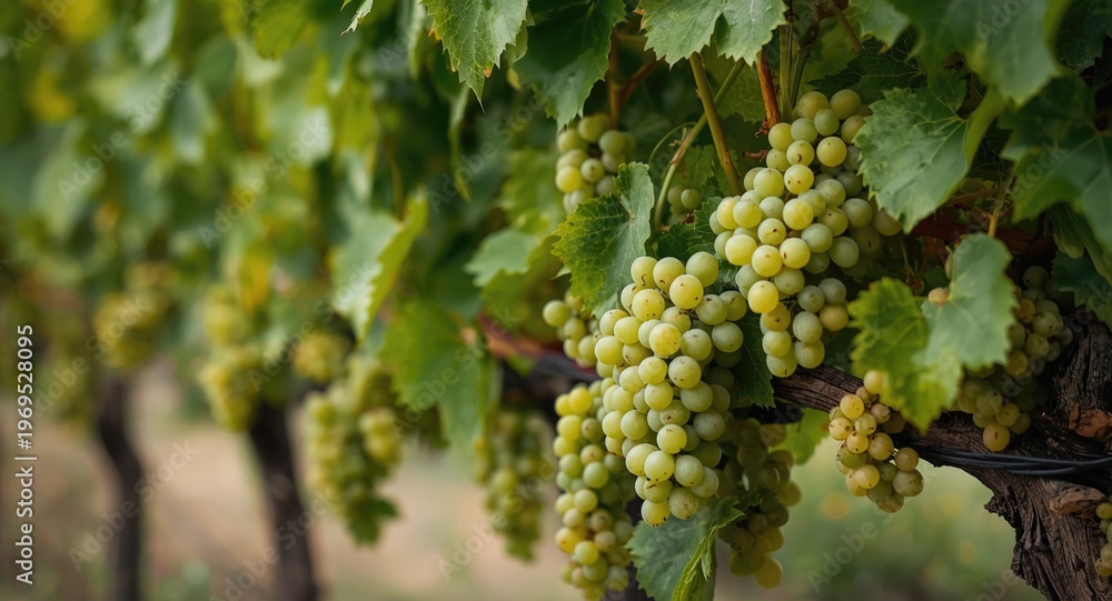 Fototapeta premium Lush vine abundant with mature Chardonnay grapes for picking
