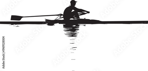 Silhouette of a single rower in a scull boat on calm water with reflection.