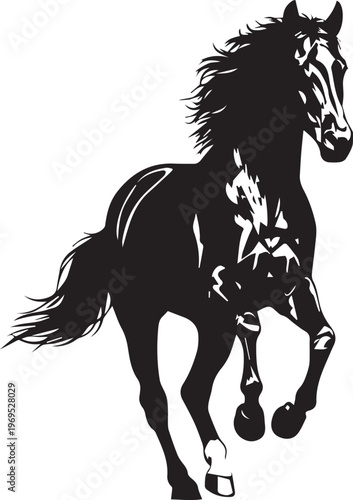 Silhouette of a powerful horse galloping with its mane and tail flowing.