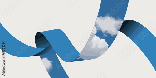 Abstract blue ribbon swirling with cloud patterns inside against a light background modern artistic ribbon design.