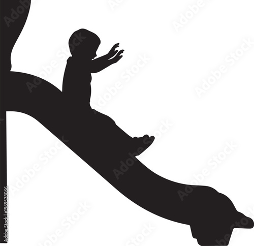 Silhouette of a child sliding down a playground slide with outstretched arms.