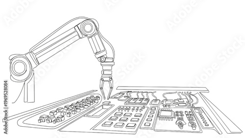 Black Continuous Line Art of Robotic Arm Assembling Electronic Circuit Board, Industrial Automation and PCB Manufacturing Concept