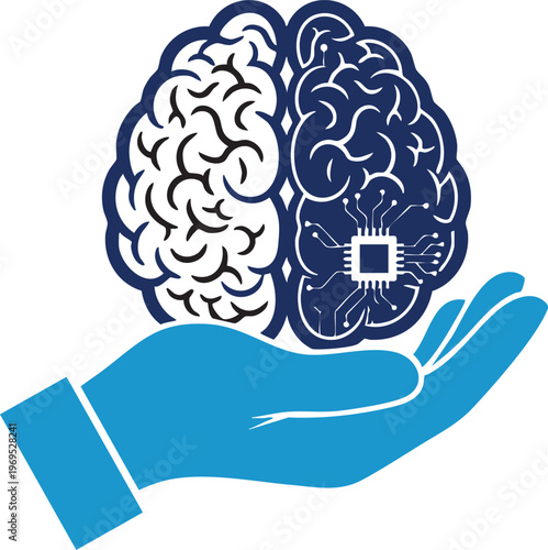 Intelligent Mind Concept: A stylized illustration depicting a hand cradling a detailed representation of the human brain, incorporating technological elements.