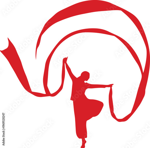 Red silhouette of a dancer gracefully performing with a flowing ribbon.