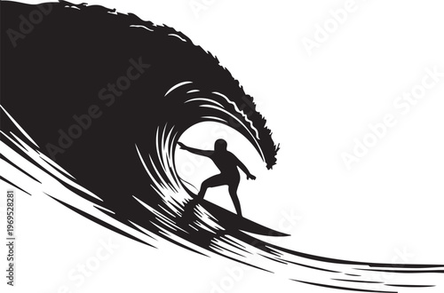 Silhouette of a surfer riding a powerful wave as it curls and breaks, capturing the thrill and artistry of the sport.