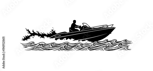 Silhouette Motorboat Riding Waves Vector Illustration