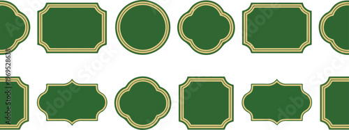 Collection of green and gold framed labels with various decorative shapes and borders, elegant blank badges.