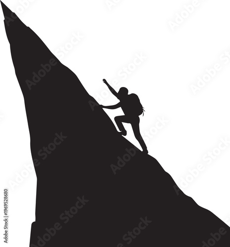 Silhouette of a hiker ascending a steep mountain peak with one arm outstretched.