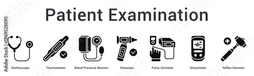 Patient examination banner web icon displays essential diagnostic tools for comprehensive health assessment procedures.