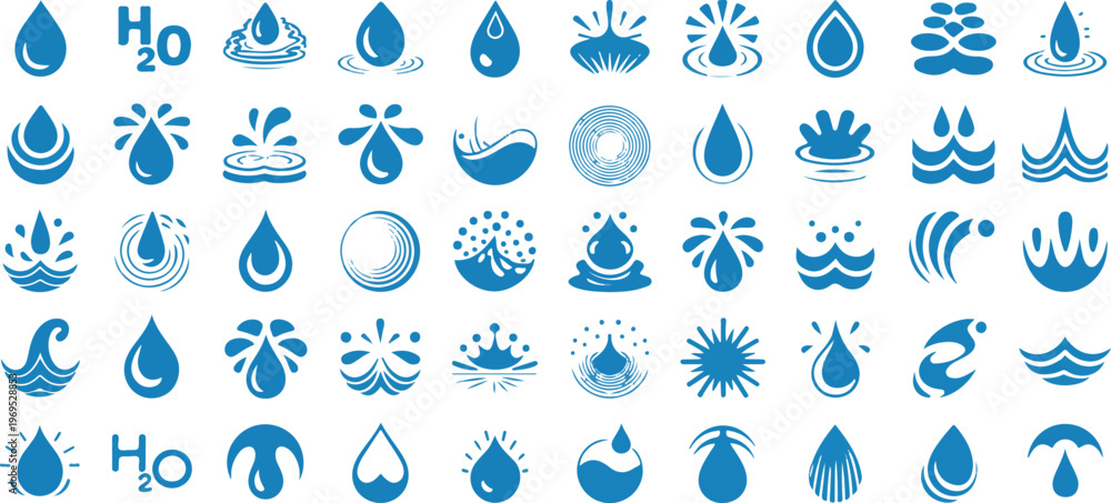 Fototapeta premium Water drop icon collection with various splashes, ripples, and H2O symbols, representing liquid and hydration elements.