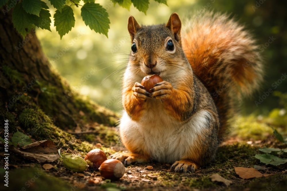 Fototapeta premium Fox Squirrel Eating Hazelnut Under Leafy Tree Shade