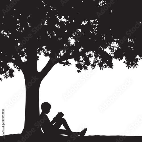Silhouette of a person reading a book under the shade of a large tree.