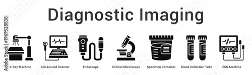 Diagnostic imaging banner web icon combines advanced visualization and testing equipment for accurate medical diagnosis.