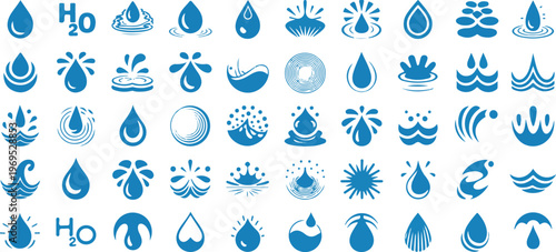Water drop icon collection with various splashes, ripples, and H2O symbols, representing liquid and hydration elements.
