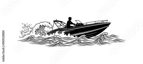 Silhouette Boat Riding Through Waves Illustration